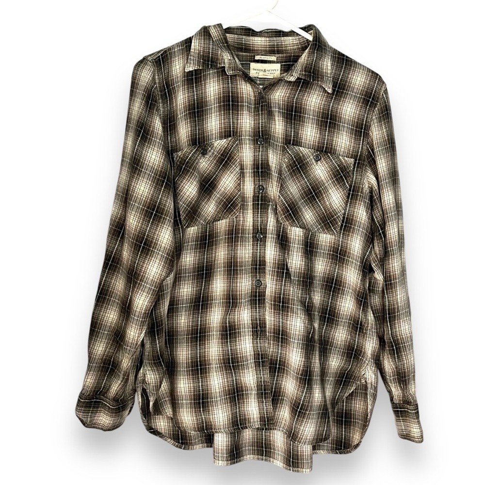 Denim & Supply Ralph Lauren Grey Cream Plaid RL Utility Button Up Shirt Large